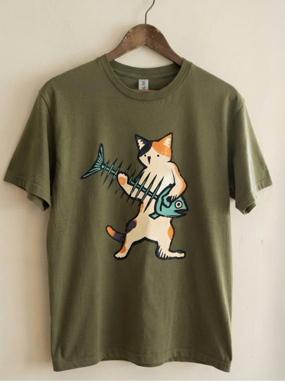 Gildan Olive Green Cat with Fish Graphic Tee | Unisex Shirt
